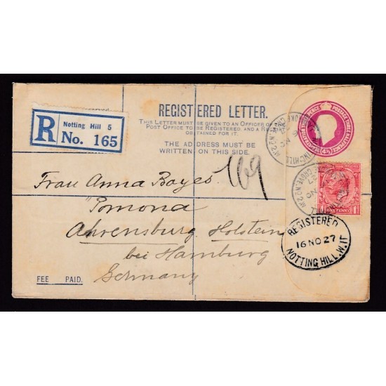 London NOTTING HILL 4½d reg stationery + 1d 1927 to Hamburg