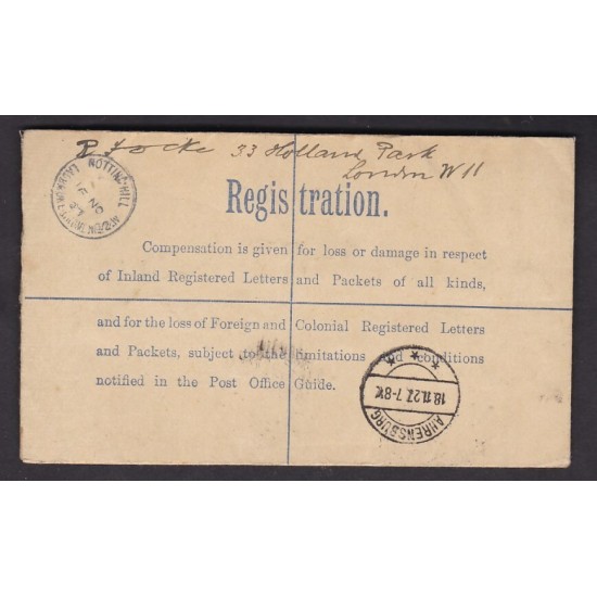 London NOTTING HILL 4½d reg stationery + 1d 1927 to Hamburg
