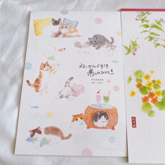Iyo Washi Letter Pad Set with Cat Cafe & Flower Stationery