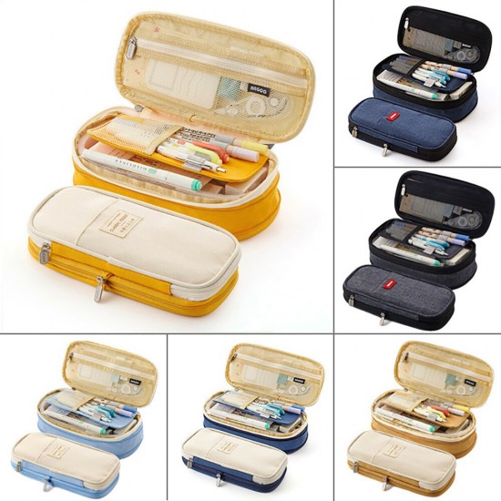Student Canvas Large Capacity Pencil Case School Zipper Stationery Storage Bags