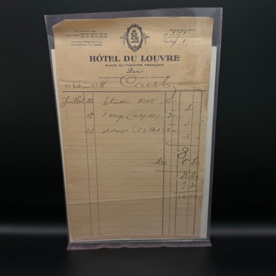 Hotel du Louvre Paris Ephemera Handwritten Receipt Stationery Document